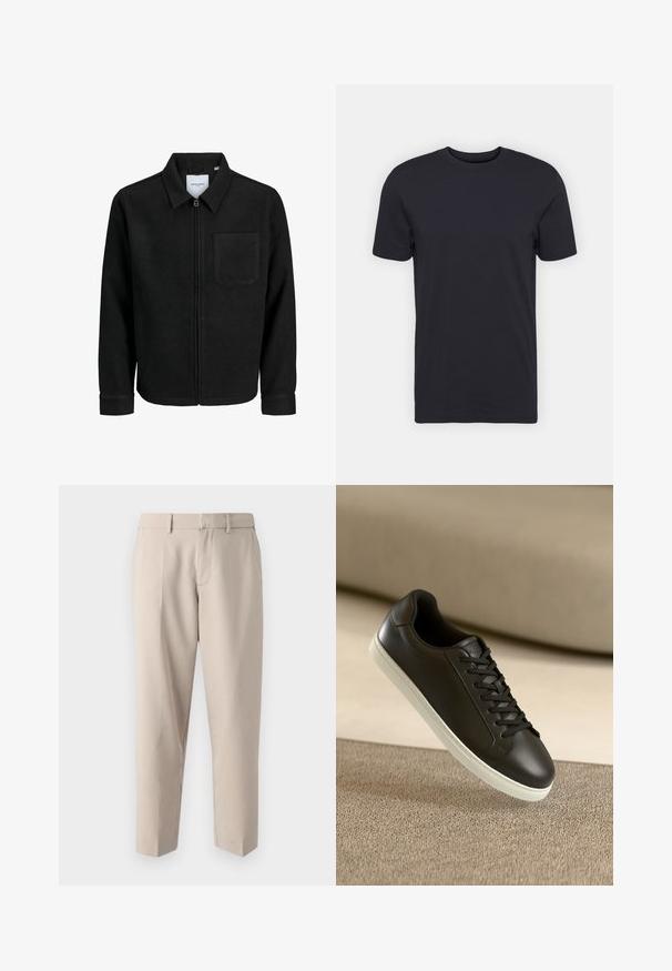 Sort lynlåsjakke med krave og en enkelt brystlomme, vist på hvid baggrund.; Sort bomulds t-shirt, korte ærmer, rund halsudskæring, ensfarvet, let stof, glat tekstur, ingen synlige mønstre eller grafik.; Abercrombie & Fitch Baggy Trouser - Bukser - khaki; Sort lædersneaker med hvid gummisål og sorte snørebånd, placeret mod en beige stofoverflade og baggrund.