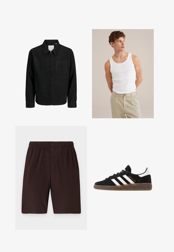 Giacca nera con zip, colletto e una tasca sul petto, mostrata su sfondo bianco.; Top in cotone bianco con scollo tondo e spalline larghe, abbinato a pantaloni beige chiaro con bottone e pieghe.; Shorts marroni a pieghe con vita elasticizzata e tasche, realizzati in tessuto leggero. La lunghezza arriva poco sopra il ginocchio.; Sneaker Adidas nere con strisce bianche, testo "Spezial" dorato, suola in gomma e tab sul tallone bianco, mostrato in veduta laterale.
