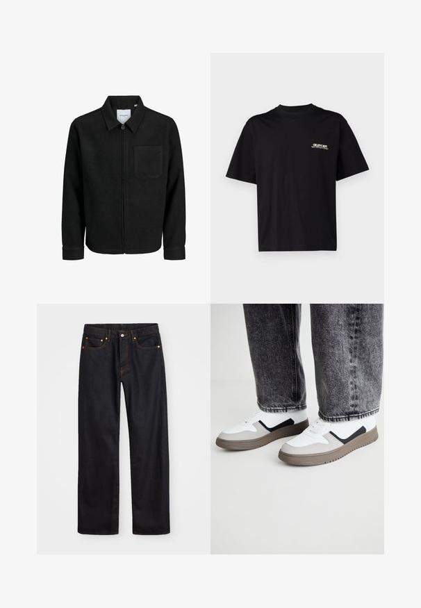 Schwarze Zip-Jacke mit Kragen und einer einzelnen Brusttasche, auf weißem Hintergrund präsentiert.; Schwarzes Baumwoll-T-Shirt mit kurzen Ärmeln, Rundhalsausschnitt und Druck auf der linken Brustseite in weißem und goldenem Text, mit einem entspannten Schnitt.; Herren gerade geschnittene schwarze Jeans aus Denim mit fünf Taschen und orangefarbenen Nähten, Knopf- und Reißverschluss vorne am Bund.; Call it Spring FRESHH - Sneaker low - multi-coloured