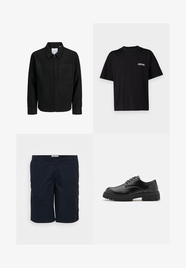 Czarna kurtka z zamkiem na całej długości, z kołnierzem i jedną kieszenią na piersi, umieszczona na białym tle.; Czarna bawełniana koszulka z krótkim rękawem, okrągłym dekoltem i nadrukiem na lewej piersi w białym i złotym kolorze, o luźnym kroju.; Granatowe szorty cargo wykonane z lekkiego materiału, z dwoma bocznymi kieszeniami, pętlami na pasek oraz prostym krojem. Prosty fason z minimalną ilością szwów.; Czarne skórzane buty z zaokrąglonym czubkiem, na sznurówki, z grubą, teksturowaną gumową podeszwą. Cecha to przeszycia wzdłuż krawędzi oraz gładkie wykończenie.
