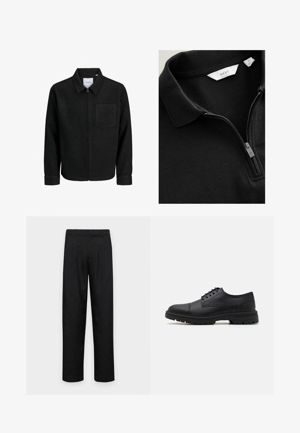 Juodas džemperis su užtrauktuku, apykakle ir vienu krūtiniu kišenėje, pristatytas baltame fone.; Juodas tekstūruotas polo marškinėliai su sidabriniu pusiau užtrauktuku ir baltais ženklais "NEXT Regular Fit" bei dydžiu "M".; Juodi kelnių modeliai, pagaminti iš lygios medžiagos, turi tiesią kojas, du priekiniai klostės ir standartinę juosmenį su diržo kilpomis.; Juodos odinės batų su raišteliais, su apvaliu nosiu, tekstūruotais šonais ir masyviu guminėm padanga su guminiais profiliais.
