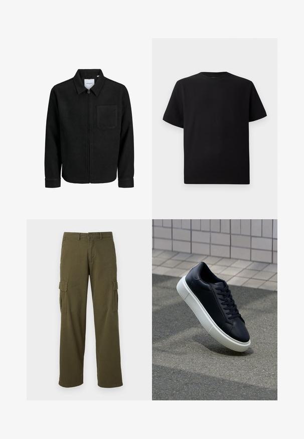 Crna jakna na zip s ovratnikom i jednim džepom na prsima, prikazana na bijeloj pozadini.; Crna majica kratkih rukava od teksturiranog materijala, s okruglim izrezom i opuštenim krojem. Jednostavna, bez uzoraka ili naglasaka.; Maslinasto zelene cargo hlače ravnog kroja, s bočnim džepovima, kopčanjem na gumb i izdržljivom teksturom tkanine.; Crne kožne tenisice s zaobljenim vrhom i bijelim gumiranim potplatom. Imaju ravne vezice i minimalno šivanje na gornjem dijelu. Teksturirani potplat za bolje prianjanje.
