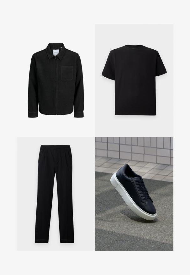 Black zip-up jacket with collar and single chest pocket, displayed on white background.; Black short-sleeve T-shirt made of textured fabric, featuring a round neckline and a relaxed fit. Simple, no patterns or accents.; Black trousers with an elastic waistband, straight legs, and subtle pleats. Smooth texture and lightweight material. No visible patterns.; Black leather sneaker with rounded toe and white rubber sole. Features flat laces and minimal stitching on the upper. Textured sole for grip.