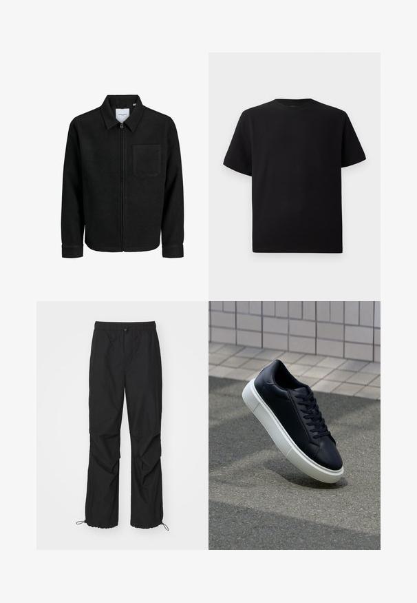 Sort lynlåsjakke med krave og en enkelt brystlomme, vist på hvid baggrund.; Sort kortærmet T-shirt lavet af tekstureret stof, med rund halsudskæring og en afslappet pasform. Enkel, uden mønstre eller accenter.; Sorte, letvægtige træningsbukser med elastisk talje, lynlåsdetaljer og justerbare manchetter; har en løs pasform og en glat tekstur.; Sort lædersneaker med rund tå og hvid gummisål. Har flade snørebånd og minimal syning på overdelen. Tekstureret sål for bedre greb.