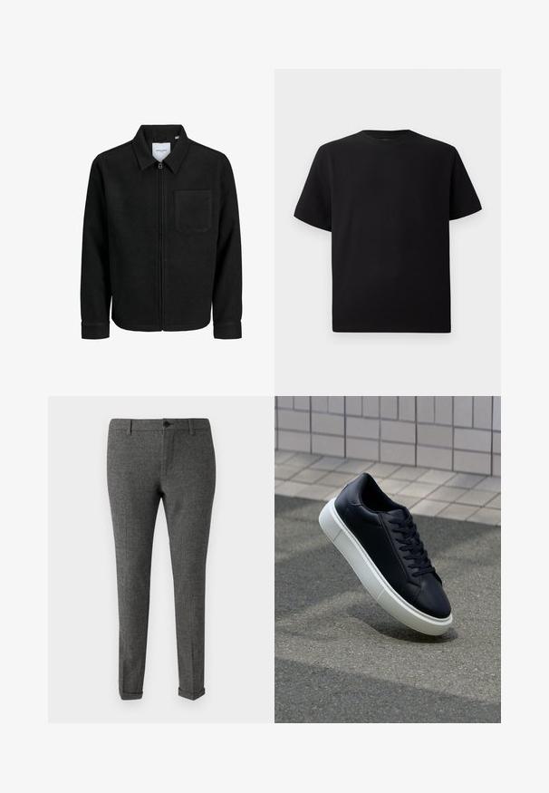 Črna jakna z zadrgo in ovratnikom ter enim žepom na prsih, prikazana na beli podlagi.; Črna kratka majica s kratkimi rokavi, izdelana iz teksturirane tkanine, z okroglim izrezom in sproščenim krojem. Preprosta, brez vzorcev ali dodatkov.; Sive karirane hlače iz tkanine, z gumbom za zapiranje, zankami za pas in manšetami za prilagojen videz.; Črne usnjene superge z zaobljenim prstom in belim gumijastim podplat. Imajo ravne vezalke in minimalno šivanje na zgornjem delu. Teksturirani podplat za oprijem.