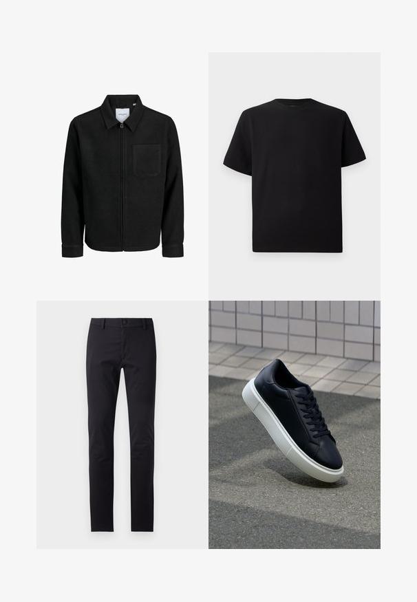 Schwarze Zip-Jacke mit Kragen und einer einzelnen Brusttasche, auf weißem Hintergrund präsentiert.; Schwarzes Kurzarm-T-Shirt aus strukturiertem Stoff, mit einem Rundhalsausschnitt und einer lockeren Passform. Einfach, ohne Muster oder Akzente.; Schwarze Hosen aus glattem Stoff mit schmalem Schnitt, Knopfverschluss und Standardtaschen ohne sichtbare Muster oder Akzente.; Schwarze Leder-Sneaker mit runder Zehenpartie und weißer Gummisohle. Verfügt über flache Schnürsenkel und minimale Nähte im Obermaterial. Strukturiertes Sohlenprofil für besseren Halt.