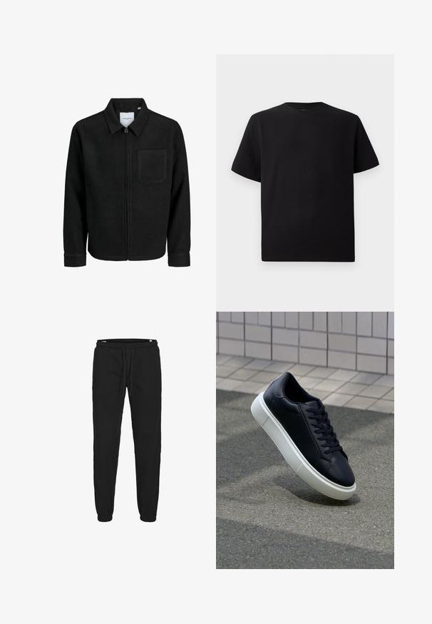 Schwarze Zip-Jacke mit Kragen und einer einzelnen Brusttasche, auf weißem Hintergrund präsentiert.; Schwarzes Kurzarm-T-Shirt aus strukturiertem Stoff, mit einem Rundhalsausschnitt und einer lockeren Passform. Einfach, ohne Muster oder Akzente.; Schwarze Jogginghosen aus weichem, leichtem Stoff; elastischer Bund mit Kordelzug, schmal zulaufende Knöchel und Seitentaschen. Glatte Textur.; Schwarze Leder-Sneaker mit runder Zehenpartie und weißer Gummisohle. Verfügt über flache Schnürsenkel und minimale Nähte im Obermaterial. Strukturiertes Sohlenprofil für besseren Halt.