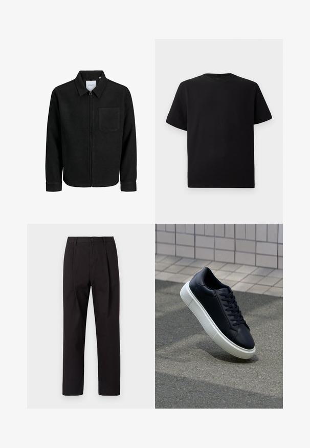 Schwarze Zip-Jacke mit Kragen und einer einzelnen Brusttasche, auf weißem Hintergrund präsentiert.; Schwarzes Kurzarm-T-Shirt aus strukturiertem Stoff, mit einem Rundhalsausschnitt und einer lockeren Passform. Einfach, ohne Muster oder Akzente.; Jack & Jones JPSTBILL WILLIAM WORKER - Chino - black; Schwarze Leder-Sneaker mit runder Zehenpartie und weißer Gummisohle. Verfügt über flache Schnürsenkel und minimale Nähte im Obermaterial. Strukturiertes Sohlenprofil für besseren Halt.