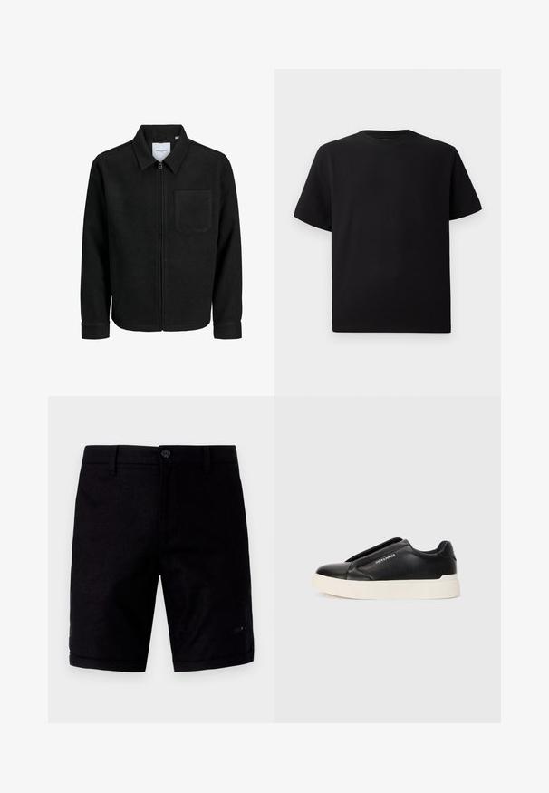 Schwarze Zip-Jacke mit Kragen und einer einzelnen Brusttasche, auf weißem Hintergrund präsentiert.; Schwarzes Kurzarm-T-Shirt aus strukturiertem Stoff, mit einem Rundhalsausschnitt und einer lockeren Passform. Einfach, ohne Muster oder Akzente.; Schwarze Shorts mit einer glatten Textur, ausgestattet mit einem Knopfverschluss, traditionellen Taschen und umgeschlagenen Säumen. Hergestellt aus leichtem Stoff.; Schwarzer Schlupfschuh aus strukturiertem Lederobermaterial, mit weißer Gummisohle und ohne sichtbare Schnürsenkel. Mit Markenlogo an der Seite.