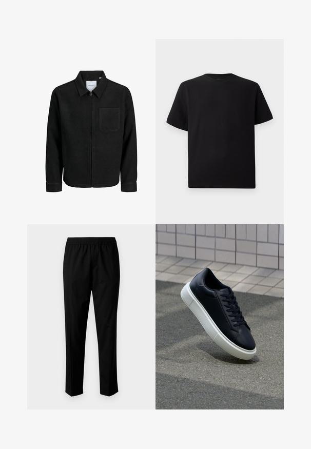 Jachetă neagră cu fermoar, cu guler și un singur buzunar pe piept, expusă pe fundal alb.; Tricou negru cu mânecă scurtă, realizat dintr-un material texturat, cu decolteu rotund și o croială relaxată. Simplu, fără modele sau accente.; Pantaloni negri cu talie elastică, având un design cu picior drept. Țesătura pare netedă, cu o textură mată, fără modele vizibile.; Tenis cu piele neagră, cu vârful rotund și talpă din cauciuc alb. Are șireturi plate și cusături minime pe suprafață. Tălpile texturate oferă aderență.