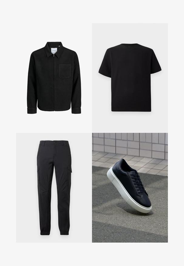 Schwarze Zip-Jacke mit Kragen und einer einzelnen Brusttasche, auf weißem Hintergrund präsentiert.; Schwarzes Kurzarm-T-Shirt aus strukturiertem Stoff, mit einem Rundhalsausschnitt und einer lockeren Passform. Einfach, ohne Muster oder Akzente.; Schwarze Cargohose mit elastischen Bündchen, vorne mit Knopf und Reißverschluss, seitlichen Klappentaschen und Gürtelschlaufen vor weißem Hintergrund.; Schwarze Leder-Sneaker mit runder Zehenpartie und weißer Gummisohle. Verfügt über flache Schnürsenkel und minimale Nähte im Obermaterial. Strukturiertes Sohlenprofil für besseren Halt.