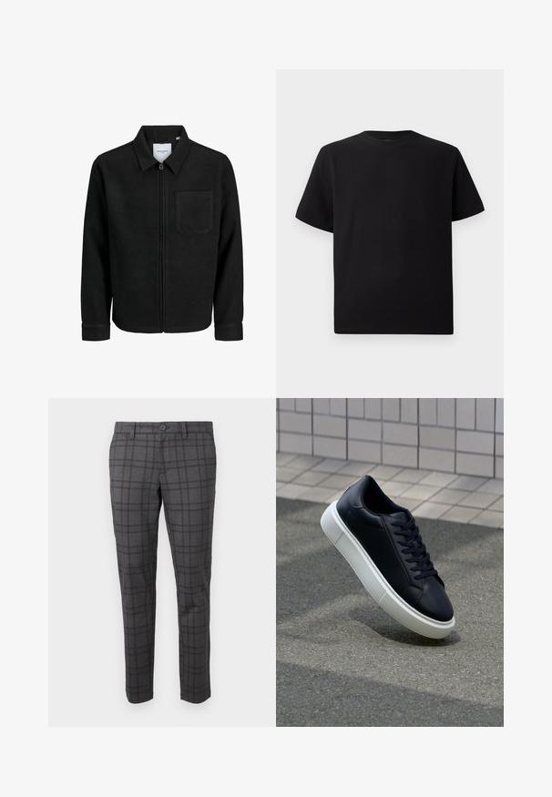 Black zip-up jacket with collar and single chest pocket, displayed on white background.; Black short-sleeve T-shirt made of textured fabric, featuring a round neckline and a relaxed fit. Simple, no patterns or accents.; Gray plaid trousers made from a textured fabric, featuring a slim fit, belt loops, and a single button closure at the waist.; Black leather sneaker with rounded toe and white rubber sole. Features flat laces and minimal stitching on the upper. Textured sole for grip.