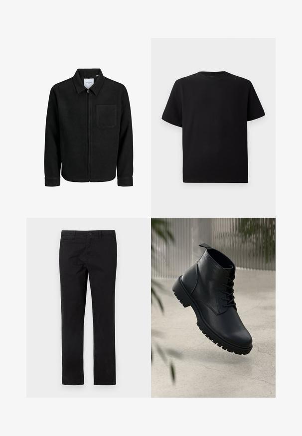 Zwarte zip-up jas met kraag en enkele borstzak, weergegeven op een witte achtergrond.; Zwarte T-shirt met korte mouwen van gemerceriseerd stof, met een ronde halslijn en een relaxte pasvorm. Eenvoudig, zonder patronen of accenten.; Zwarte katoenen chinos met een recht silhouet, voorzien van een knoopsluiting en voorzakken, een gladde textuur en minimale stikdetails.; Zwarte leren enkelboots met een ronde neus, vetersluiting en robuuste rubberen zool. Gladde textuur met een bevestigingslus aan de achterkant.