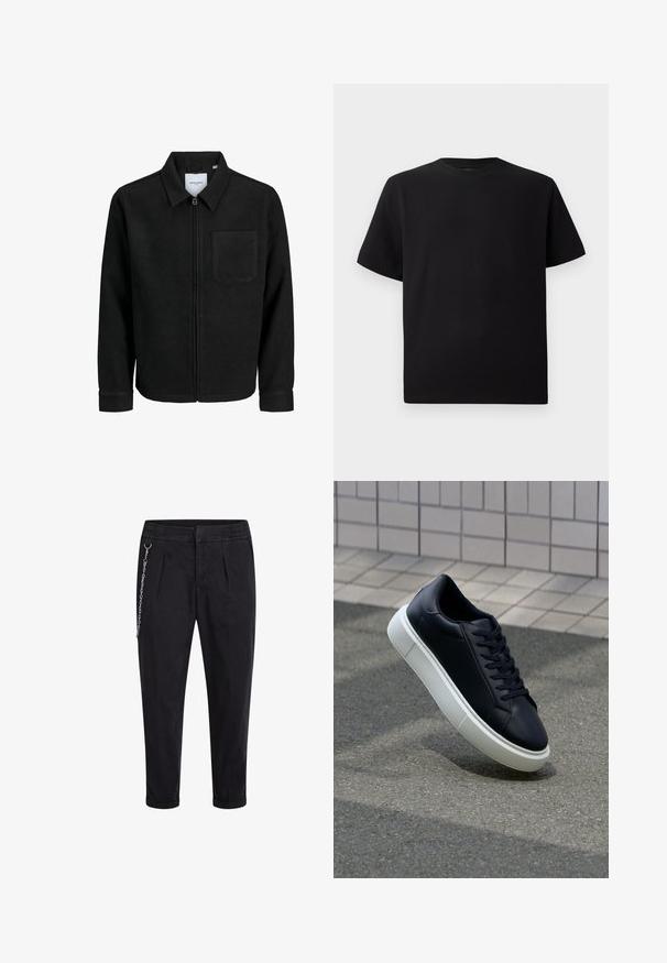 Sort lynlåsjakke med krave og en enkelt brystlomme, vist på hvid baggrund.; Sort kortærmet T-shirt lavet af tekstureret stof, med rund halsudskæring og en afslappet pasform. Enkel, uden mønstre eller accenter.; Sorte bukser med elastisk talje, der har for plisser og en sølv kæde accent på venstre side. Stof af bomuldsblanding.; Sort lædersneaker med rund tå og hvid gummisål. Har flade snørebånd og minimal syning på overdelen. Tekstureret sål for bedre greb.