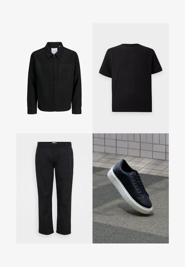 Svart zip-jacka med krage och en enda bröstficka, visad på vit bakgrund.; Svart kortärmad T-shirt gjord av texturerad tyg, med rund halsringning och avslappnad passform. Enkel, utan mönster eller detaljer.; Jack & Jones JPSTBILL WILLIAM WORKER - Tygbyxor - black; Svart lädersneaker med rundad tå och vit gummisula. Har platta snören och minimal sömnad på ovansidan. Texturerad sula för grepp.
