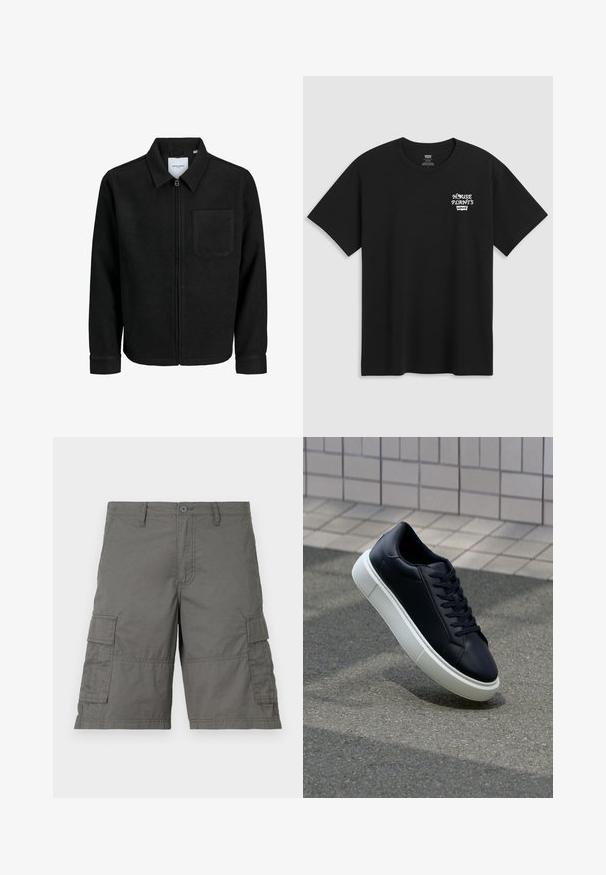 Jachetă neagră cu fermoar, cu guler și un singur buzunar pe piept, expusă pe fundal alb.; Tricou negru din bumbac, cu un imprimeu pe piept care spune "PLANTE DE CASĂ" cu un font alb stilizat, având "Levi's" dedesubt. Decolteu clasic tip crew.; Shorts cargo grii cu închidere prin buton, multiple buzunare laterale și detalii de cusătură. Realizați dintr-un material ușor și durabil.; Tenis cu piele neagră, cu vârful rotund și talpă din cauciuc alb. Are șireturi plate și cusături minime pe suprafață. Tălpile texturate oferă aderență.