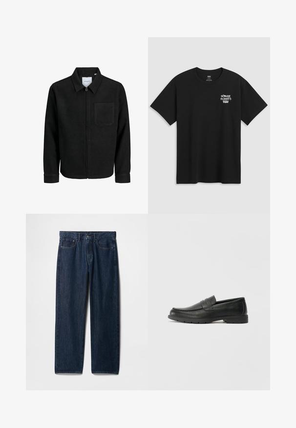 Čierna zipsová bunda s golierom a jednou náprsníkou, vystavená na bielom pozadí.; Čierne bavlnené tričko s potlačou na hrudi, ktorá znie "DOMÁCE RASTLINY" v bielej štýlovej typografii s "Levi's" nižšie. Klasický strih s okrúhlym výstrihom.; Tmavomodré džínsy z denimu s rovnými nohavicami, s piatimi vreckami, zapínaním na vrchný gombík a viditeľným šitím pozdĺž švov.; Čierne kožené mokasíny s hladkým povrchom, vrchnou časťou v štýle mokasín, prešitým detailom a gumovou podrážkou. Klasický dizajn s nízkym podpätkom.