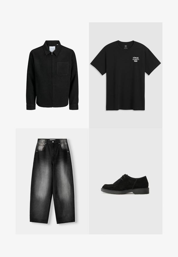 Jachetă neagră cu fermoar, cu guler și un singur buzunar pe piept, expusă pe fundal alb.; Tricou negru din bumbac, cu un imprimeu pe piept care spune "PLANTE DE CASĂ" cu un font alb stilizat, având "Levi's" dedesubt. Decolteu clasic tip crew.; Jeans din denim negru cu un croi larg, având un gradient estompat de la întunecat la deschis, cinci buzunare și un sistem de închidere cu buton.; Pantofii negri din suede, cu vârful rotunjit, cusături contrastante și talpă din cauciuc. Prezintă un sistem de șireturi minim și un design suprem neted.