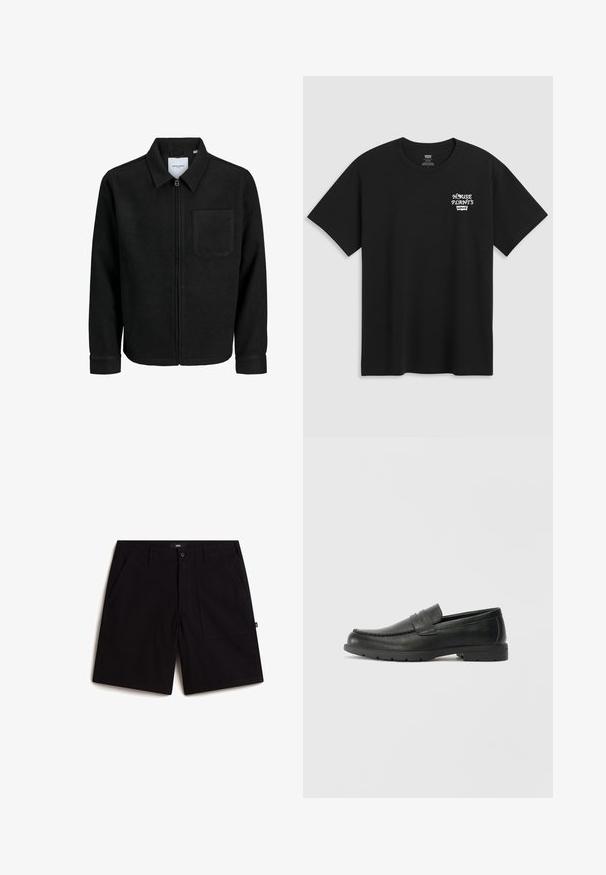 Giacca nera con zip, colletto e una tasca sul petto, mostrata su sfondo bianco.; T-shirt in cotone nero con stampa sul petto che recita "HOUSE PLANTS" in carattere stilizzato bianco, con "Levi's" sotto. Collo a giroclassico.; Pantaloni corti neri in cotone, con una vita standard, due tasche frontali e una vestibilità rilassata. Design semplice senza motivi visibili.; Mocassini neri in pelle con una finitura liscia, parte superiore in stile mocassino, dettagli cuciti e suola in gomma. Design classico con tacco basso.