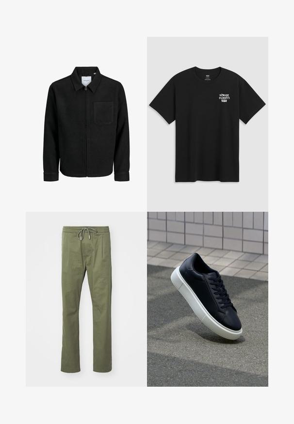 Schwarze Zip-Jacke mit Kragen und einer einzelnen Brusttasche, auf weißem Hintergrund präsentiert.; Schwarzes Baumwoll-T-Shirt mit einem Brustdruck, der in einer weißen, stilisierten Schrift "HAUSPFLANZEN" und darunter "Levi's" zeigt. Klassischer Rundhalsausschnitt.; Olivgrüne Hose aus leichtem Stoff, mit elastischem Bund und verstellbarem Kordelzug sowie zwei Fronttaschen.; Schwarze Leder-Sneaker mit runder Zehenpartie und weißer Gummisohle. Verfügt über flache Schnürsenkel und minimale Nähte im Obermaterial. Strukturiertes Sohlenprofil für besseren Halt.