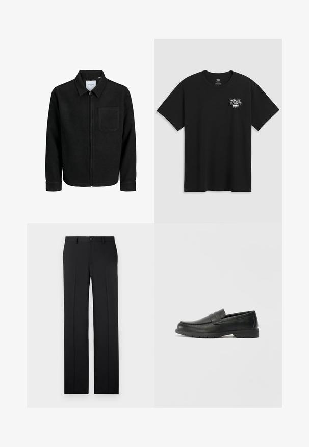 Juodas džemperis su užtrauktuku, apykakle ir vienu krūtiniu kišenėje, pristatytas baltame fone.; Juodas medvilninis marškinėliai su krūtinės spauda, kuri skaito "NAMŲ AUGALAI" balta stilizuota šriftu su "Levi's" žemiau. Klasikinis apvalus iškirpimas.; Juodos, pritaikytos kelnės su tiesia kojų forma, lygiu audiniu, priekinėmis raukšlėmis ir vienu mygtuko uždarymu juosmens srityje.; Juodai odiniai loaferiai su sklandžiu paviršiumi, mokasino stiliaus viršus, siuvinėjimu ir guminėmis padangomis. Klasikinis dizainas su žemu kulnu.