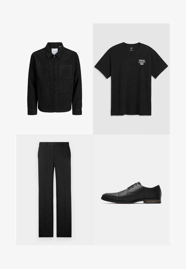 Musta vetoketjullinen takki, jossa on kaulus ja yksi rintatasku, esitelty valkoista taustaa vasten.; Mustat puuvillapaita, jossa on rintaprintti, joka lukee "KOTIKASVIT" valkoisella tyylitellyllä fontilla ja "Levi's" tekstin alla. Klassinen pyöreä kaula-aukko.; Mustat, räätälöidyt housut, joissa on suora lahkeensuu, sileä kangas, etu taitteet ja yksi nappikiinnitys vyötäröllä.; Musta nahkainen miesten oxford-tyylinen juhlakenkä pyöreällä varpaalla, cap toe -tikattu, kolmiset kengännauhasilmukat ja matala pinottu ruskea kanta, sivuprofiili.