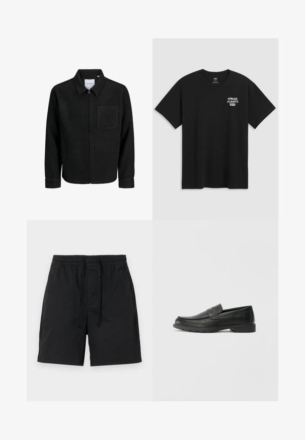 Fekete, zipzáros dzseki gallérral és egyetlen mellzsebbel, fehér háttéren.; Fekete pamut póló, melynek mellkasi nyomata "HOUSE PLANTS" felirattal fehér stilizált betűkkel, alatta a "Levi's" felirattal. Klasszikus kerek nyakú.; Fekete rövidnadrág rugalmas derékpánttal és zsinórral. Könnyű anyagból készült, oldalsó zsebekkel és egyszerű, klasszikus dizájnnal.; Fekete bőr mokaszinok sima felülettel, a mokaszin stílusú felsőrésszel, varrott részletezéssel és gumitalppal. Klasszikus dizájn alacsony sarokkal.