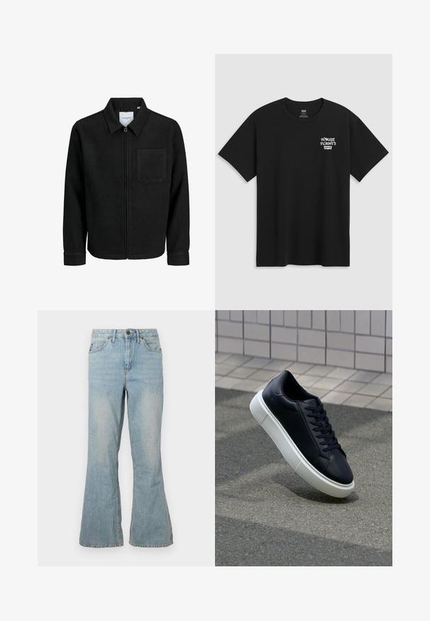 Mustaga lukuga jakker, millel on krae ja üks rinna-tasku, esitatud valgel taustal.; Must musta t-särk, millel on rinnakrüpt, mis ütleb "KESKKOND" valgel stiliseeritud fontidega ja "Levi's" all. Klassikaline ümar kaelus.; Heledad sinine teksapüksid, millel on keskmise kõrgusega vöökoht, viis taskut ja nähtav õmblemine. Omab siledat tekstuuri ja tavalist lukuga sulgemist.; Mustast nahast tennisetoss, millel on ümar nina ja valge kummist tall. Omab siredaid paelu ja minimaalset õmblemist ülemises osas. Tekstuuriga tald, mis tagab haakuvuse.