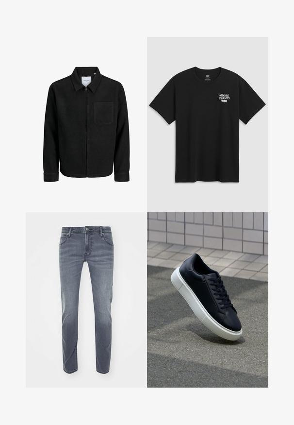 Musta vetoketjullinen takki, jossa on kaulus ja yksi rintatasku, esitelty valkoista taustaa vasten.; Mustat puuvillapaita, jossa on rintaprintti, joka lukee "KOTIKASVIT" valkoisella tyylitellyllä fontilla ja "Levi's" tekstin alla. Klassinen pyöreä kaula-aukko.; Tummansiniset farkut suoranlahkeisella designilla, hienovaraisella haalistumisella, vyölenkeillä, etutaskuilla ja pienellä logolla vyötärönauhas.; Mustat nahkakengät, joissa on pyöristetty kärki ja valkoinen kumipohja. Varusteena litteät nauhat ja minimaalinen ommel ylhäällä. Teksturoitu pohja pitävyyden lisäämiseksi.