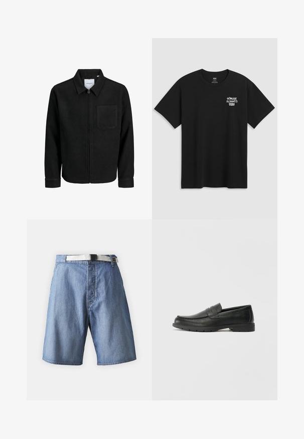 Juodas džemperis su užtrauktuku, apykakle ir vienu krūtiniu kišenėje, pristatytas baltame fone.; Juodas medvilninis marškinėliai su krūtinės spauda, kuri skaito "NAMŲ AUGALAI" balta stilizuota šriftu su "Levi's" žemiau. Klasikinis apvalus iškirpimas.; Šviesiai mėlyni džinsiniai šortai su balta juosta ir juodu sagtimi, dekoruoti siuvinėjimu ir laisvu sijonu.; Juodai odiniai loaferiai su sklandžiu paviršiumi, mokasino stiliaus viršus, siuvinėjimu ir guminėmis padangomis. Klasikinis dizainas su žemu kulnu.