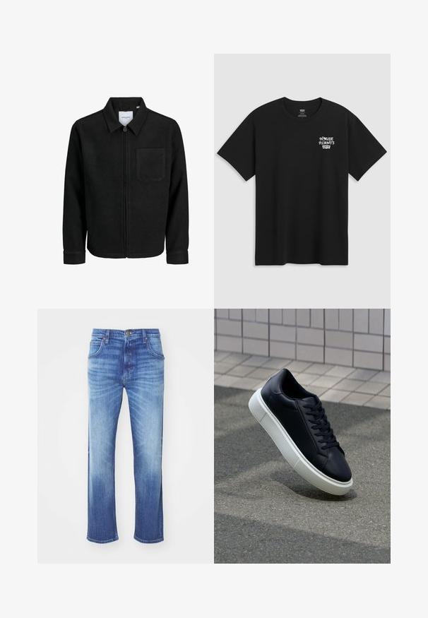 Mustaga lukuga jakker, millel on krae ja üks rinna-tasku, esitatud valgel taustal.; Must musta t-särk, millel on rinnakrüpt, mis ütleb "KESKKOND" valgel stiliseeritud fontidega ja "Levi's" all. Klassikaline ümar kaelus.; Sinised denim teksad, otse lõikega, millel on pleekinud disain, viis taskut, metallne nööp sulgemiseks ja kerge kulumise tekstuur.; Mustast nahast tennisetoss, millel on ümar nina ja valge kummist tall. Omab siredaid paelu ja minimaalset õmblemist ülemises osas. Tekstuuriga tald, mis tagab haakuvuse.