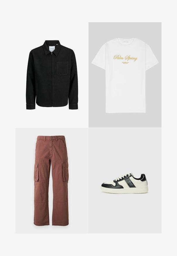 Fekete, zipzáros dzseki gallérral és egyetlen mellzsebbel, fehér háttéren.; Fehér pamut póló, arany szöveggel, amely így szól: "Palm Spring", alatta pedig a "California Love Eighty Five" felirat található, laza fazonnal és kerek nyakkivágással.; Rozsdabarna színű cargo nadrág, tartós anyagból készült. Nagy oldalzsebek, egyenes szárak és gombos záródás az deréknál.; Fekete és krém színű bőrsneaker, perforált díszítésekkel, párnázott bokapánttal és texturált talppal.