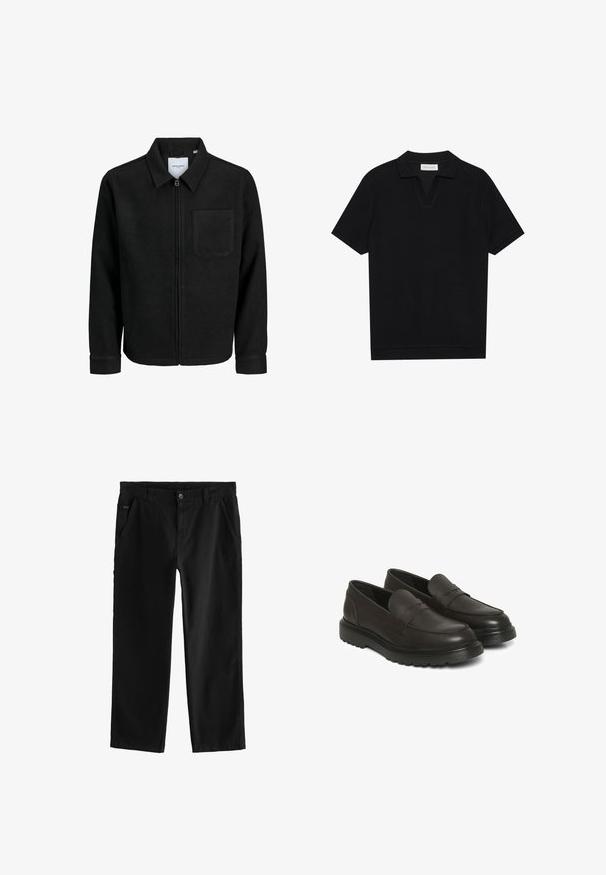 Juodas džemperis su užtrauktuku, apykakle ir vienu krūtiniu kišenėje, pristatytas baltame fone.; Juodas trumpas rankovėmis polo marškinėliai su tekstūruota, grioveliais audiniu, turi V formos iškirptę ir tiesų apačią. Nėra matomų logotipų ar raštų.; Juodi medvilniniai kelnės su tiesiu dizainu, su priekiniais mygtukais, įstrižais šoninėmis kišenėmis ir subtiliomis siuvimo detalėmis.; Rudos odinės slip-on stiliaus bateliai su lygiu paviršiumi, paminkštintu apykakle ir tekstūruotu raštu. Yra juodas guminis padas su griovelių raštu.