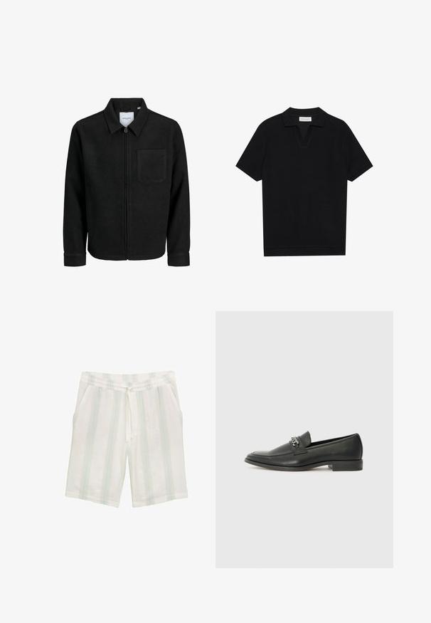 Veste zippée noire avec col et poche poitrine unique, présentée sur fond blanc.; Polo shirt noir à manches courtes avec un tissu texturé et côtelé, présentant un col en V et un ourlet droit. Pas de logos ni de motifs visibles.; Shorts blancs en tissu léger avec des rayures verticales bleu clair et vert, dotés d'une taille élastique et de poches latérales.; Mocassin en cuir noir avec une finition lisse, présentant un design cousu et une accent décoratif en chaîne métallique sur le rand. Talon plat.