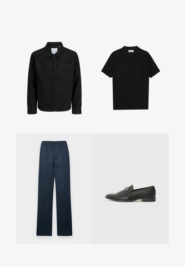 Zwarte zip-up jas met kraag en enkele borstzak, weergegeven op een witte achtergrond.; Zwarte polo met korte mouwen van een gestructureerde, ribbelstof, met een V-hals en een rechte zoom. Geen zichtbare logo's of patronen.; Marineblauwe linnen broek met een ontspannen pasvorm, elastische tailleband en enkele knoopsluiting. Heeft rechte pijpen en een minimale textuur.; Zwarte leren instapper met een gladde afwerking, voorzien van een gestikt ontwerp en een decoratieve metalen kettingaccent over de wreef. Platte hak.