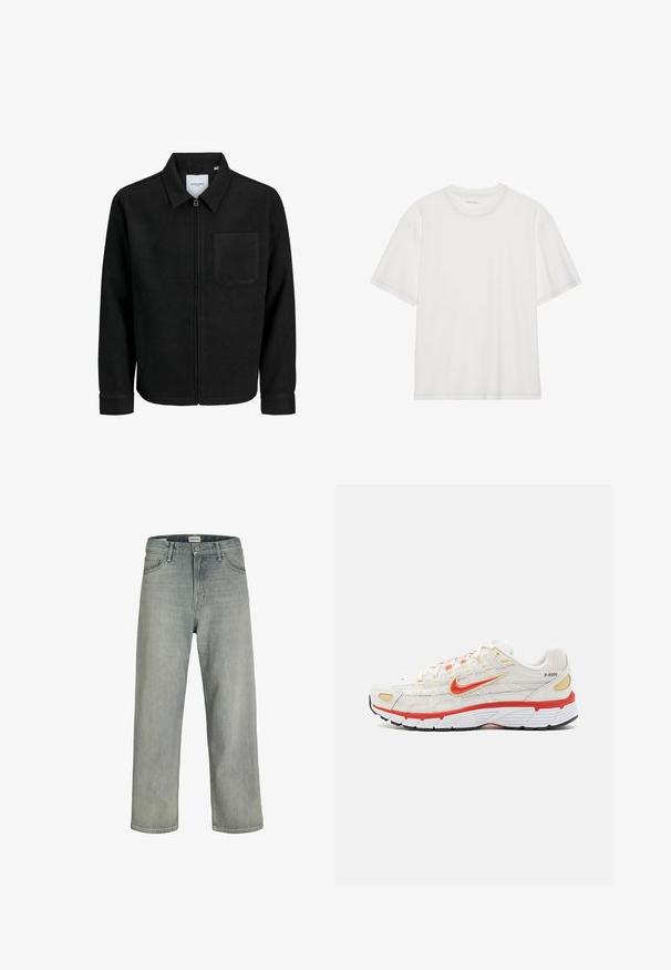 Melna jaka ar rāvējslēdzēju un apkakli, vienu krūšu kabatu, parādīta uz baltas fona.; Balts kokvilnas T-krekls ar īsām piedurknēm, noapaļota kakla izgriezums un kontrastējošs šuvums ap kakla izgriezumu un piedurknēm.; Gai pelēki, brīvi pieguļoši džinsi no denima. Iekļauj klasisku piecu kabatu dizainu, jostas cilpas un taisnu kāju siluetu.; Nike Sportswear P 6000 UNISEX - Sporta apavi - phantom/dragon red/white/black/team gold