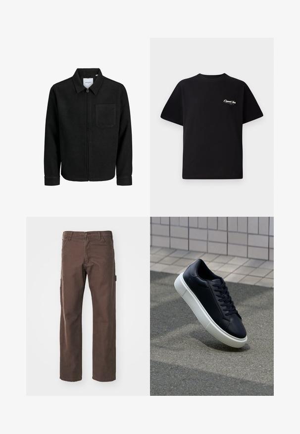 Mustaga lukuga jakker, millel on krae ja üks rinna-tasku, esitatud valgel taustal.; Must mustrüst t-särk, millel on ümar kaelus, lühikesed varrukad ja väike valge logo tekst vasakul rinnal. Lihtne disain, klassikaline sobivus.; Dickies CARPENTER PANT - Püksid - dark brown; Mustast nahast tennisetoss, millel on ümar nina ja valge kummist tall. Omab siredaid paelu ja minimaalset õmblemist ülemises osas. Tekstuuriga tald, mis tagab haakuvuse.