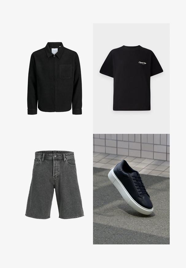 Veste zippée noire avec col et poche poitrine unique, présentée sur fond blanc.; T-shirt en coton noir avec col rond, manches courtes et petit texte logo blanc sur la poitrine gauche. Conception simple, coupe classique.; Shorts en denim noir avec une coupe décontractée, dotés d'une fermeture à bouton, de deux poches avant et d'un motif légèrement décoloré. Design classique à cinq poches.; Baskets noires en cuir avec bout arrondi et semelle en caoutchouc blanc. Elles présentent des lacets plats et une couture minimale sur la tige. Semelle texturée pour une bonne adhérence.
