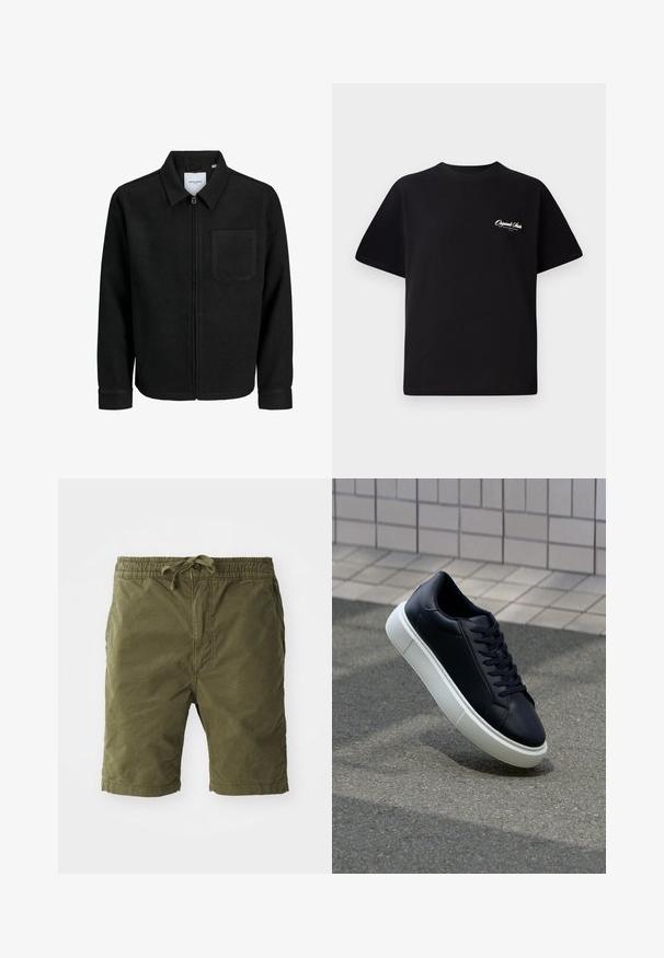 Schwarze Zip-Jacke mit Kragen und einer einzelnen Brusttasche, auf weißem Hintergrund präsentiert.; Schwarzes Baumwoll-T-Shirt mit Rundhalsausschnitt, kurzen Ärmeln und kleinem weißen Logotext auf der linken Brust. Schlichtes Design, klassischer Schnitt.; Olivgrüne Shorts aus weichem, strukturiertem Stoff. Mit einem elastischen Taillenbund und Zugband sowie seitlichen Taschen.; Schwarze Leder-Sneaker mit runder Zehenpartie und weißer Gummisohle. Verfügt über flache Schnürsenkel und minimale Nähte im Obermaterial. Strukturiertes Sohlenprofil für besseren Halt.