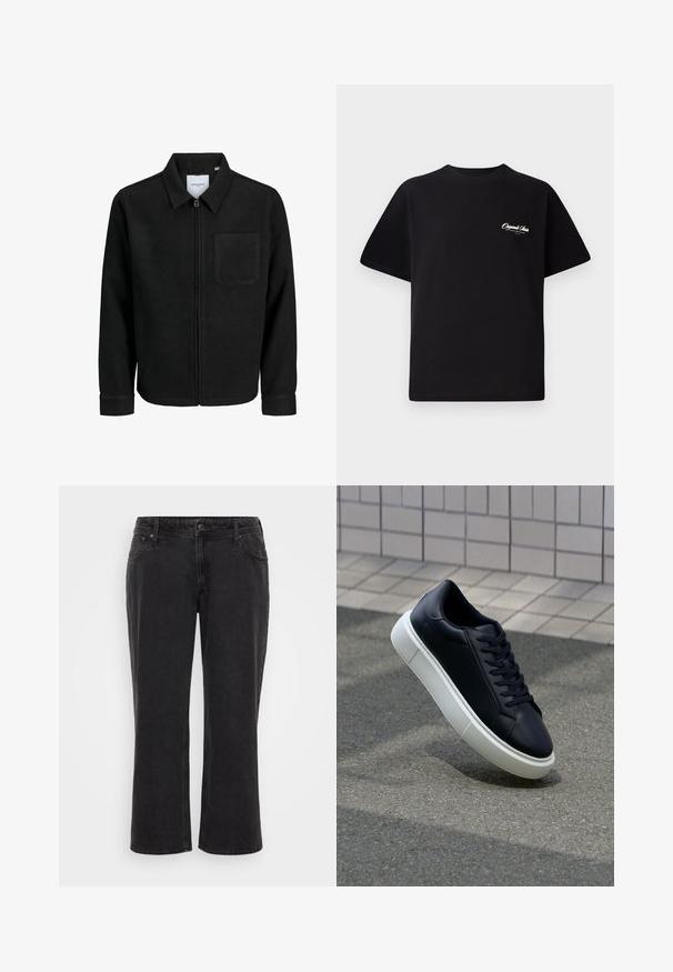 Crna jakna na zip s ovratnikom i jednim džepom na prsima, prikazana na bijeloj pozadini.; Crna pamučna majica s okruglim izrezom, kratkim rukavima i malim bijelim logotipom s lijeve strane na prsima. Jednostavan dizajn, klasičan kroj.; Crne traperice širokog kroja s ravnim rezom, pet džepova, prednjim kopčanjem na dugme i kontrastnim šavovima.; Crne kožne tenisice s zaobljenim vrhom i bijelim gumiranim potplatom. Imaju ravne vezice i minimalno šivanje na gornjem dijelu. Teksturirani potplat za bolje prianjanje.