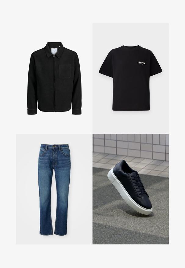 Musta vetoketjullinen takki, jossa on kaulus ja yksi rintatasku, esitelty valkoista taustaa vasten.; Mustat puuvillateepaidat, joissa on pyöreä kaula-aukko, lyhyet hihat ja pieni valkoinen logoteksti vasemmassa rinnassa. Yksinkertainen suunnittelu, klassinen istuvuus.; Siniset farkut suoralla lahjevaatimuksella, joissa on viisi taskua, napitettava vetoketju ja vastakohtana keltainen ompelu. Sileä tekstuuri.; Mustat nahkakengät, joissa on pyöristetty kärki ja valkoinen kumipohja. Varusteena litteät nauhat ja minimaalinen ommel ylhäällä. Teksturoitu pohja pitävyyden lisäämiseksi.
