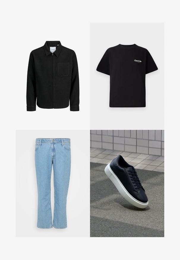 Crna jakna na zip s ovratnikom i jednim džepom na prsima, prikazana na bijeloj pozadini.; Crna pamučna majica s okruglim izrezom, kratkim rukavima i malim bijelim logotipom s lijeve strane na prsima. Jednostavan dizajn, klasičan kroj.; Svijetloplave traperice s ravnim nogavicama, koje imaju pet džepova i kopčanje na gumu u struku.; Crne kožne tenisice s zaobljenim vrhom i bijelim gumiranim potplatom. Imaju ravne vezice i minimalno šivanje na gornjem dijelu. Teksturirani potplat za bolje prianjanje.