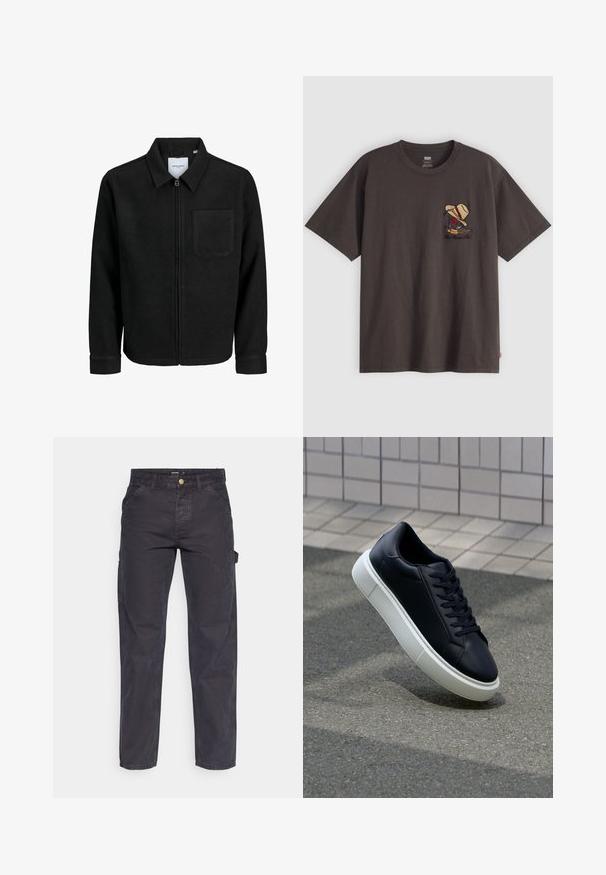 Musta vetoketjullinen takki, jossa on kaulus ja yksi rintatasku, esitelty valkoista taustaa vasten.; Tummanharmaa puuvillapaita, jossa on väljä malli. Paidassa on rintataskussa pieni brodeerattu kuva hahmosta, jolla on olkihattu ja punaiset vaatteet.; Tummanharmaat cargo-housut, jotka on valmistettu kestävästä kankaasta. Niissä on suora lahkeellinen leikkaus, viisi taskua ja nappikiinnitys vyötäröllä.; Mustat nahkakengät, joissa on pyöristetty kärki ja valkoinen kumipohja. Varusteena litteät nauhat ja minimaalinen ommel ylhäällä. Teksturoitu pohja pitävyyden lisäämiseksi.