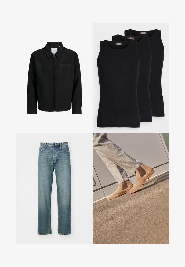 Crna jakna na zip s ovratnikom i jednim džepom na prsima, prikazana na bijeloj pozadini.; Crne majice na naramenice u pakiranju od tri komada. Rebrasta tekstura, standardni okrugli izrez, bez rukava. Rub sadrži mali logo brenda na dnu.; Svijetloplave traperice ravnog kroja, s dizajnom od pet džepova i vidljivim šavovima. Imaju metalni gumb i zatvarač.; Smeđe nubuk Chelsea čizme s elastičnim bočnim panelima i glatkim svijetlosmeđim gumenenim potplatom, uparenim s svijetlosivim hlačama na teksturiranoj površini.