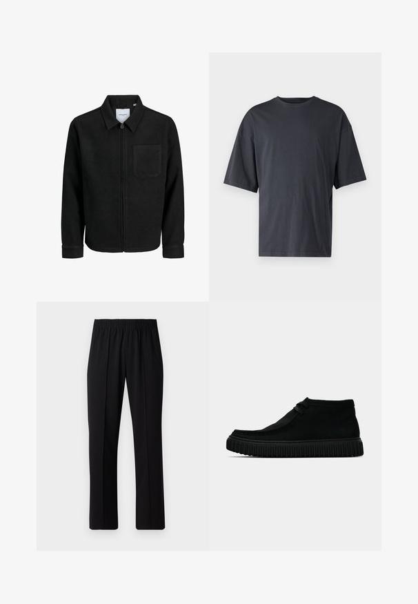 Black zip-up jacket with collar and single chest pocket, displayed on white background.; Dark gray short-sleeve t-shirt made of lightweight cotton, featuring a loose fit and classic crew neckline, with plain texture and no patterns.; Black, elastic-waist trousers with a straight-leg design, featuring a smooth texture and no visible patterns or hardware.; Black ankle boots made of soft material, with a rounded toe, minimal lacing, and a textured rubber sole featuring vertical grooves.