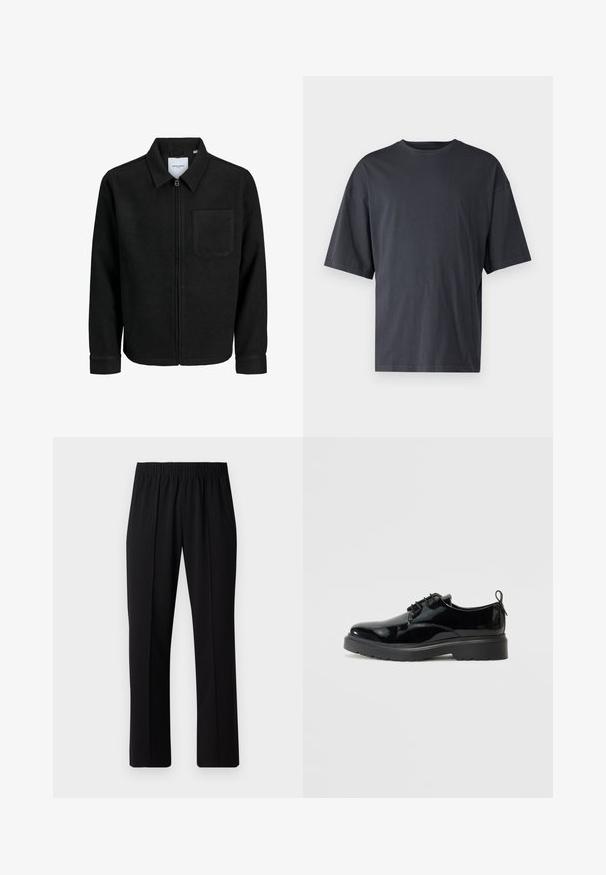 Fekete, zipzáros dzseki gallérral és egyetlen mellzsebbel, fehér háttéren.; Sötét szürke, rövid ujjú póló, könnyű pamutból készült, laza szabással és klasszikus kerek nyakkivágással, sima textúrájú és minták nélküli.; Fekete, gumíros derekú nadrág egyenes szabással, sima felülettel, látható minták vagy fémrészek nélkül.; Fekete lakkbőr fűzős cipő vastag gumitalppal és sarokhúzóval, belső oldalról bemutatva fehér háttér előtt.