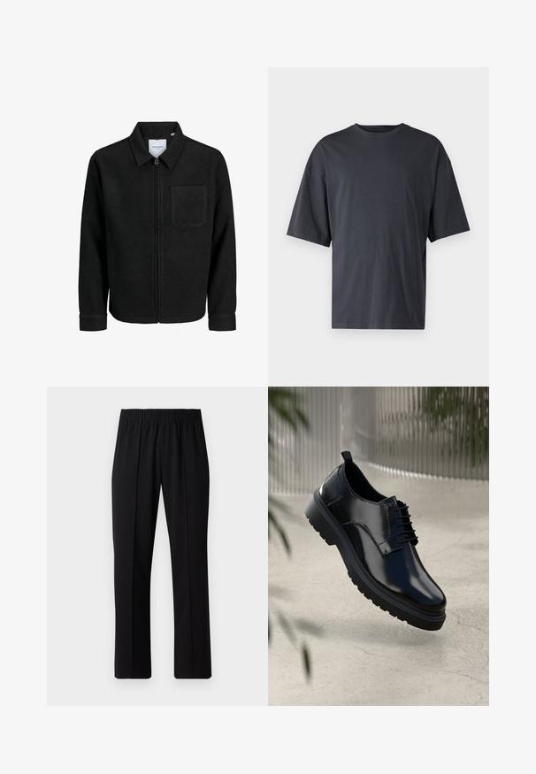 Čierna zipsová bunda s golierom a jednou náprsníkou, vystavená na bielom pozadí.; Tmavošedé tričko s krátkym rukávom vyrobené z ľahkého bavlneného materiálu, s voľným strihom a klasickým okrúhlym výstrihom, bez vzoru a s hladkou textúrou.; Čierne nohavice s elastickým pásom a rovnými nohavicami, majú hladkú textúru a žiadne viditeľné vzory ani kovové doplnky.; Čierna kožená topánka s lesklým povrchom, okrúhlou špičkou, šnurovacími detailmi, kontrastným prešívaním a hrubou gumovou podrážkou so vzorom na podrážke.