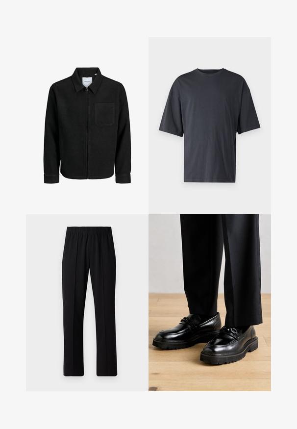 Zwarte zip-up jas met kraag en enkele borstzak, weergegeven op een witte achtergrond.; Donkergrijs T-shirt met korte mouwen, gemaakt van lichtgewicht katoen, met een losse pasvorm en een klassieke ronde hals, met een effen textuur en zonder patronen.; Zwarte, elastische broek met rechte pijpen, met een gladde textuur en zonder zichtbare patronen of hardware.; Zwarte lederen schoenen met een gladde afwerking, voorzien van een brede zool en decoratieve kruisbanden over de wreef. Draagt bijpassende zwarte broek.