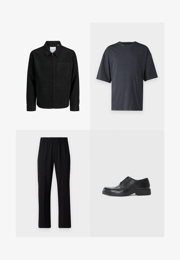 Čierna zipsová bunda s golierom a jednou náprsníkou, vystavená na bielom pozadí.; Tmavošedé tričko s krátkym rukávom vyrobené z ľahkého bavlneného materiálu, s voľným strihom a klasickým okrúhlym výstrihom, bez vzoru a s hladkou textúrou.; Čierne nohavice s elastickým pásom a rovnými nohavicami, majú hladkú textúru a žiadne viditeľné vzory ani kovové doplnky.; Čierne kožené spoločenské topánky s okrúhlou špičkou, s viazaním a nízkym blokovým podpätkom. Hladká textúra a minimalistický profil.