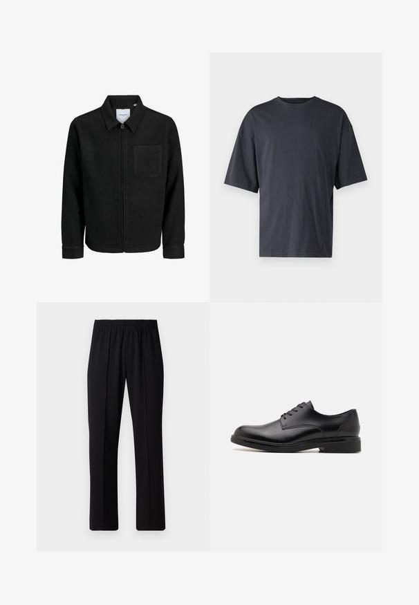 Černá zipová bunda s límečkem a jednou kapsou na hrudi, vystavená na bílém pozadí.; Tmavě šedé tričko s krátkým rukávem vyrobené z lehké bavlny, s volným střihem a klasickým kulatým výstřihem, s jednolitou strukturou a bez vzorů.; Černé kalhoty s elastickým pasem a rovnými nohavicemi, s hladkým povrchem a bez viditelných vzorů nebo kovových doplňků.; Černé kožené společenské boty s hladkým povrchem, kulatou špičkou, šesti očky a nízkým podpatkem. Obsahují jemné švy a plochou podrážku.